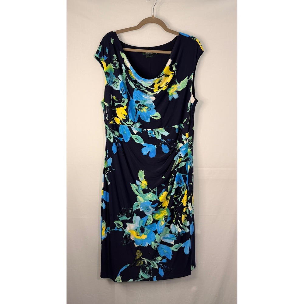 Lauren Ralph Lauren Floral Sheath Dress Womens 14 Navy Blue Ruched Cowl Neck